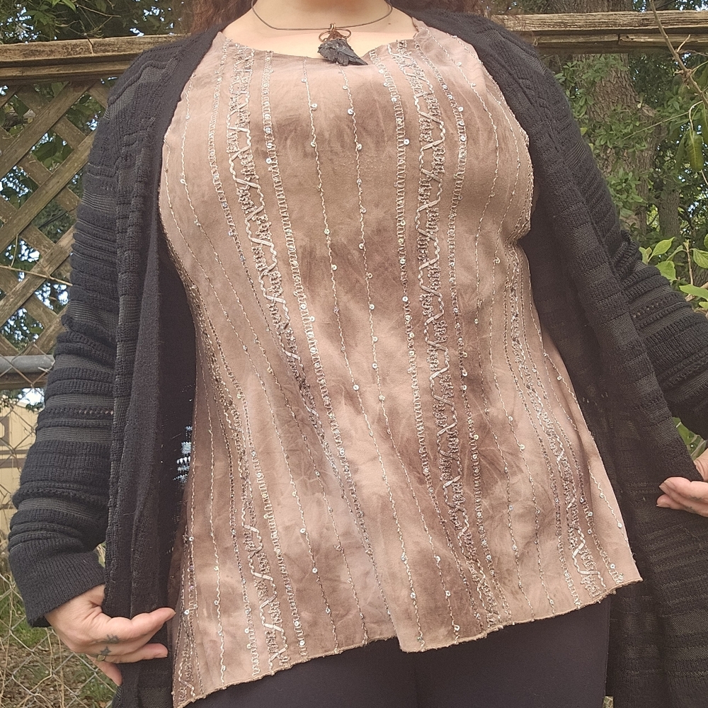 Brown Cream Embroidered Fariycore Whimsigoth Sequined Short-sleeved Top
